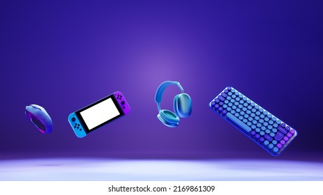 Gaming equipment for gamers or streamers, 3d rendering. Portable game console, mouse, headphones and keyboard. Gamer gears on a neon background. Banner for advertising