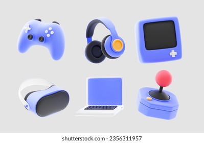 gaming gadgets 3d icon set. Video game console, gamepad, VR headset on isolated background. 3d rendering