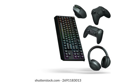 Gaming headset, console controller, ergonomic mouse, and RGB keyboard isolated on white background with clipping path, concept of gaming accessories