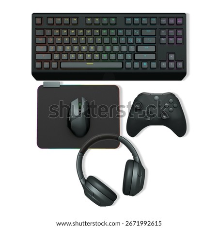 Gaming keyboard, mouse, controller, headset, and smartphone isolated on white transparent background with clipping path, concept of modern digital gaming gear
