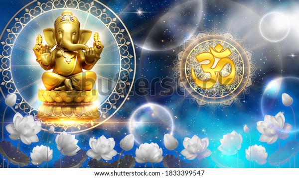 Ganesh on a blue background with Om symbol. Deity of the elephant headed Indian god of wisdom and prosperity. 