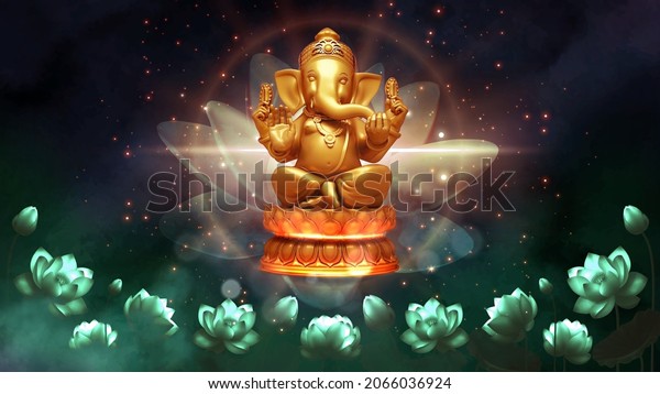 Ganesh on a golden background. Deity of the elephant headed Indian god of wisdom and prosperity. 3D illustration