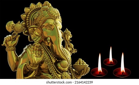 Ganesha god gold statue with candle light on black background, God Ganesha 3d illustration.