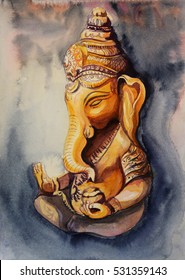 Ganesha Illustration Watercolor . Meditation Concept.