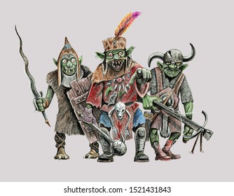 Gang of goblins. Fantasy illustration. Goblin with sword drawing.