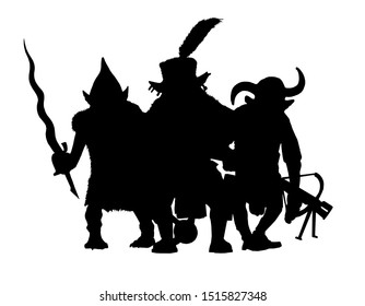 Gang of goblins silhouette. Fantasy illustration. Goblin with sword drawing.