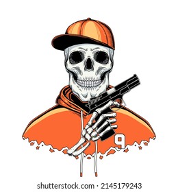 Gangster Skeleton Holding Hand Gun. Mafia. Robber. Drug Cartel. Mexico. Sinaloa. Orange Hoodie. Hand Gun. Tshirt Design. Tug. Gang. Theft. Logo