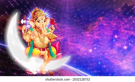 Ganpati, Ganesh Illustration of colorful hindu lord Ganesha on decorative background- Graphical poster modern art 3D wallpaper 
