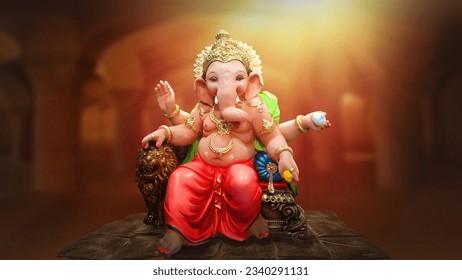 Ganpati, Lord Ganesh Illustration of colorful hindu lord Ganesha on decorative background- Graphical poster modern art 3D wallpaper, Ganpati Bappa festival Ganesh Chaturthi - Powered by Shutterstock