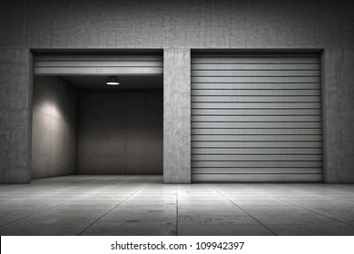 Garage Building Made Of Concrete With Roller Shutter Doors