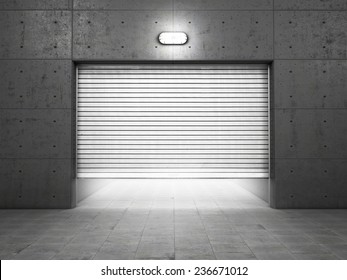 Garage Building Made Of Concrete With Roller Shutter Doors