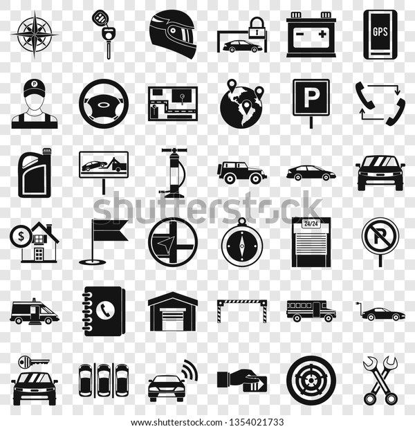 Garage for car icons set. Simple style of\
36 garage for car icons for web for any\
design