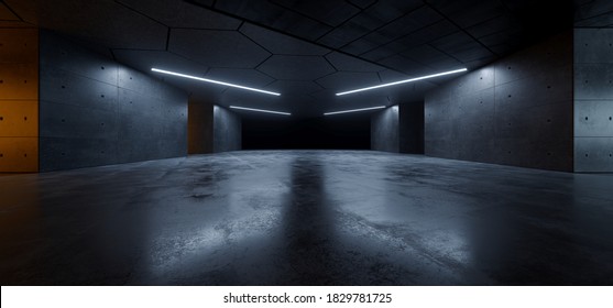 Garage Cement  Sci Fi Concrete Grunge Dark Underground Studio Hangar Parking Car Showroom Orange Blue Lights Modern Background Futuristic 3D Rendering Illustration