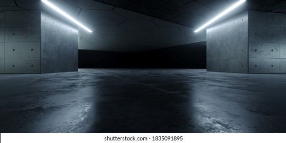 Garage Cement  Sci Fi Concrete Grunge Dark Underground Studio Hangar Parking Car Showroom Orange Blue Lights Modern Background Futuristic 3D Rendering Illustration