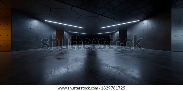 Garage Cement  Sci\
Fi Concrete Grunge Dark Underground Studio hangar Parking Car\
Showroom Orange Blue Lights Modern Background Futuristic 3D\
Rendering\
illustration
