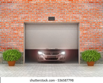 Garage concept. Garage doors are opened, and behind them is a car. 3d illustration