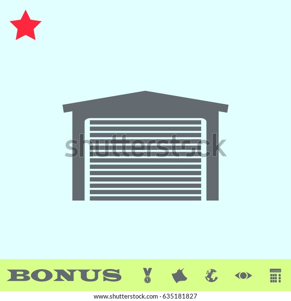 Garage icon flat. Simple gray pictogram on\
blue background. Illustration symbol and bonus icons medal, cow,\
earth, eye,\
calculator