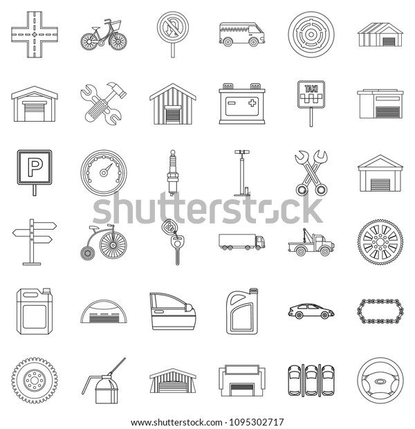 Garage icons set. Outline style of 36\
garage icons for web isolated on white\
background