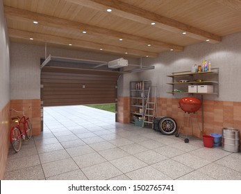 Garage Interior With Open Door, 3d Illustration