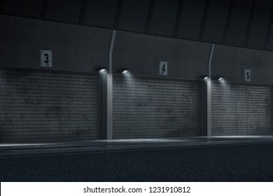 Garage, pit lane, car racing track background night fog 3D illustration