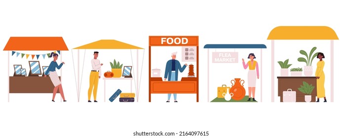 Garage Sale Event, Flea Market And City Rag Fair. Second Hand Shop, Garage Sale Tents  Illustration. People Selling Vintage Goods And Food. Sellers With Plants, Vases And Mirrors