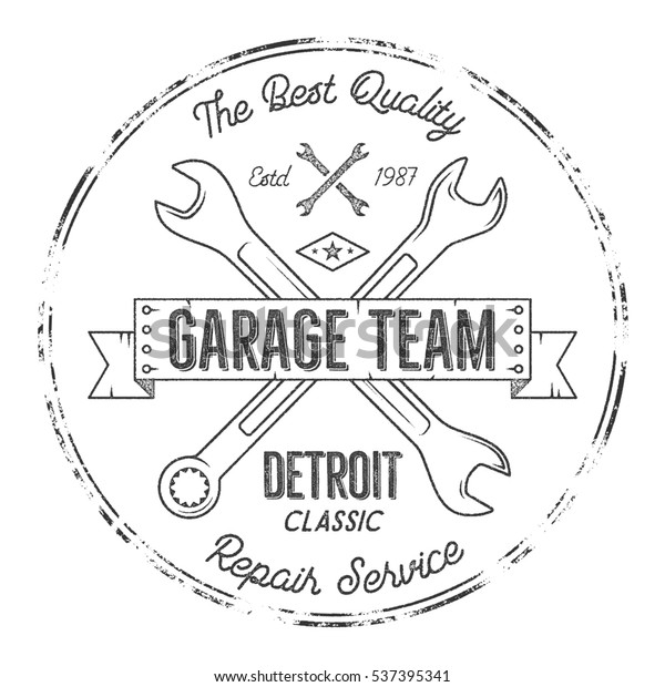 Garage service vintage tee design graphics, Detroit\
classic, repair service typography print. Black T-shirt stamp,\
teeshirt graphic, premium retro artwork. Use as emblem, logo on web\
projects. .