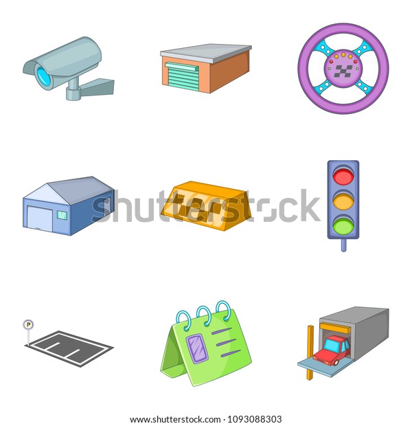 Garage shop icons set. Cartoon set of\
9 garage shop icons for web isolated on white\
background