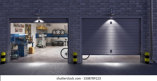 Garage With Two Roller Doors, Look Outside At Night, 3d Illustration