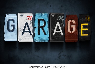 Garage Word On Vintage Broken Car License Plates, Concept Sign