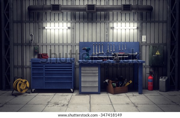Garage\
workshop with tools & equipment. 3d\
rendering