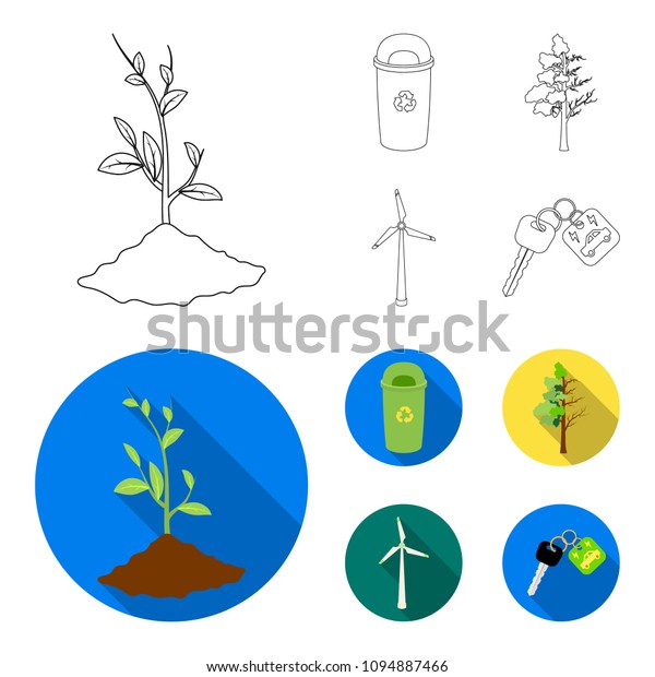 A garbage can, a\
diseased tree, a wind turbine, a key to a bio car.Bio and ecology\
set collection icons in outline,flat style bitmap symbol stock\
illustration web.