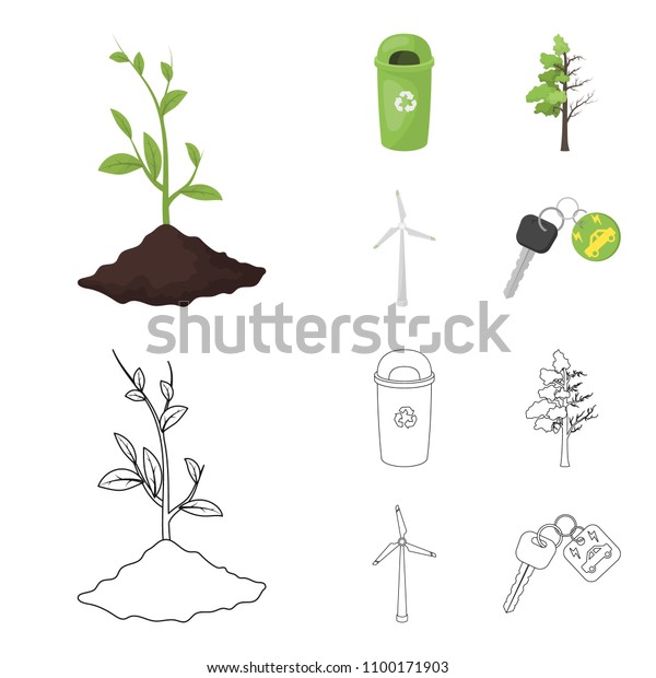 A garbage can, a\
diseased tree, a wind turbine, a key to a bio car.Bio and ecology\
set collection icons in cartoon,outline style bitmap symbol stock\
illustration web.