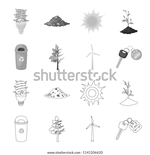 A garbage\
can, a diseased tree, a wind turbine, a key to a bio car.Bio and\
ecology set collection icons in outline,monochrome style bitmap\
symbol stock illustration\
web.