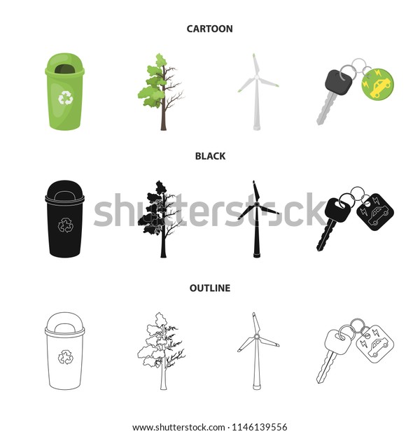 A garbage\
can, a diseased tree, a wind turbine, a key to a bio car.Bio and\
ecology set collection icons in cartoon,black,outline style bitmap\
symbol stock illustration\
web.