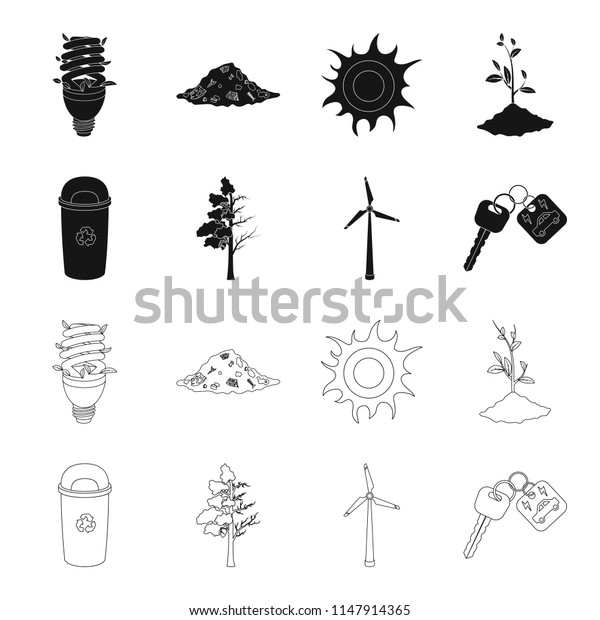 A garbage can, a diseased tree, a wind turbine, a key to\
a bio car.Bio and ecology set collection icons in black,outline\
style 
