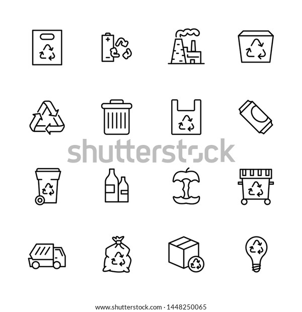 Garbage collection\
and waste disposal icon simple symbols set. Ecology and environment\
safety. Processing food waste and plastic on modern factory. Trach\
recycling and\
sorting