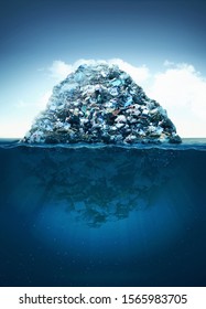 garbage iceberg in water, a large trash spot in the Pacific Ocean. 