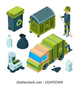 Garbage Recycling Isometric. City Cleaning Service Truck Urban Incinerator Utility Bin With Waste 3d Collection