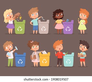 Garbage recycling. Kids protect environment ecology concept save nature collecting paper in bins people - Powered by Shutterstock