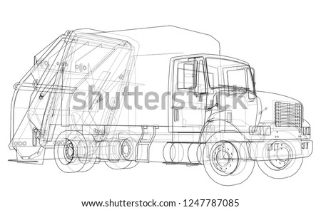 Garbage truck concept. 3d illustration. Wire-frame style