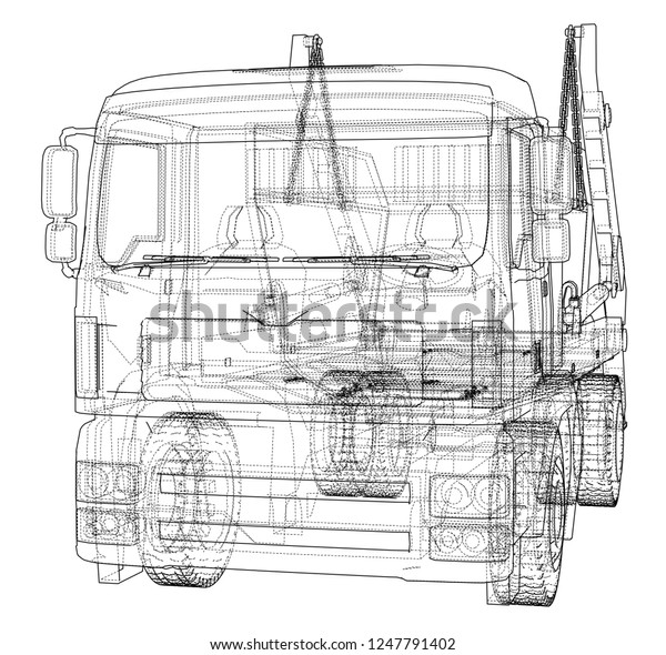 Garbage\
truck concept. 3d illustration. Wire-frame\
style
