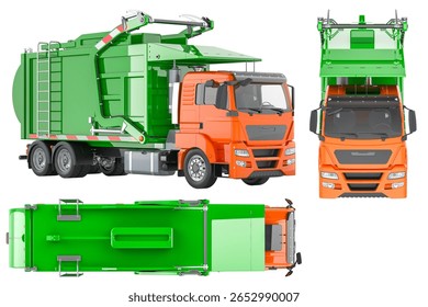 Garbage truck with front loader, multiple views. 3D rendering isolated on white background