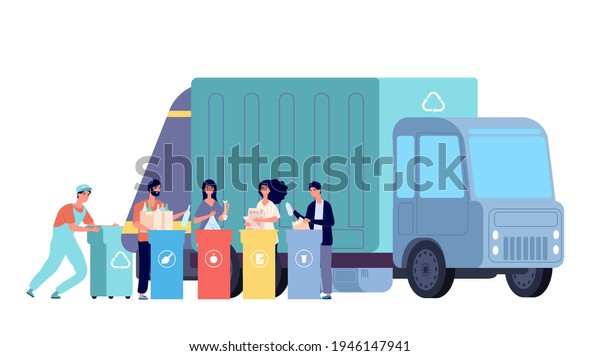 Garbage truck. Refuse recycling, rubbish worker\
and disposal containers. People sorting and throw waste. recycle\
dumpster concept