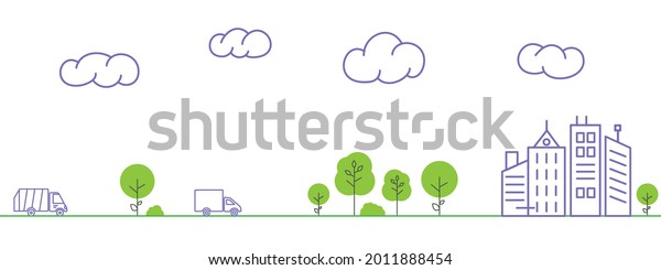 Garbage truck and truck rides on the road\
to the city. Flat   outline style\
illustration.
