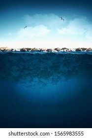 Garbage In Water, A Large Trash Spot In The Pacific Ocean. 