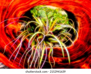 Garden abstract of ornamental plant with long slender leaves emerging from fiery cross section of tree, like a spidery creature from a nest. Digital glow effect, 3D rendering. Sci-fi, phobias, dreams.