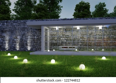 Garden architecture by night with glowing spheres in gras