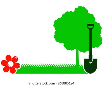 garden background with green tree, shovel, grass and red flower - Powered by Shutterstock