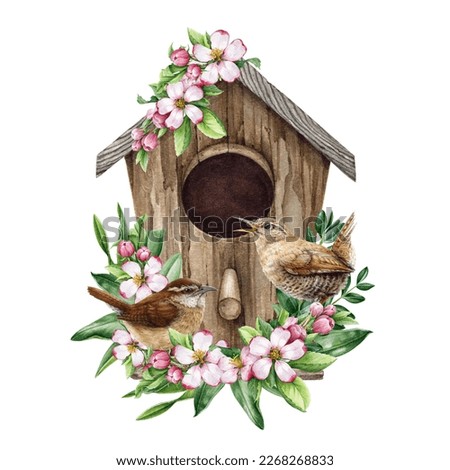 Garden birds on the birdhouse with spring flowers. Hand drawn watercolor illustration. Cozy spring decoration. Pair of wrens nesting in the cozy birdhouse, blooming spring flowers and green leaves Сток-фото © 