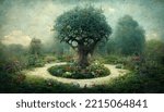  Garden of eden with the tree of life, tree of knoledge, beautiful illustration
